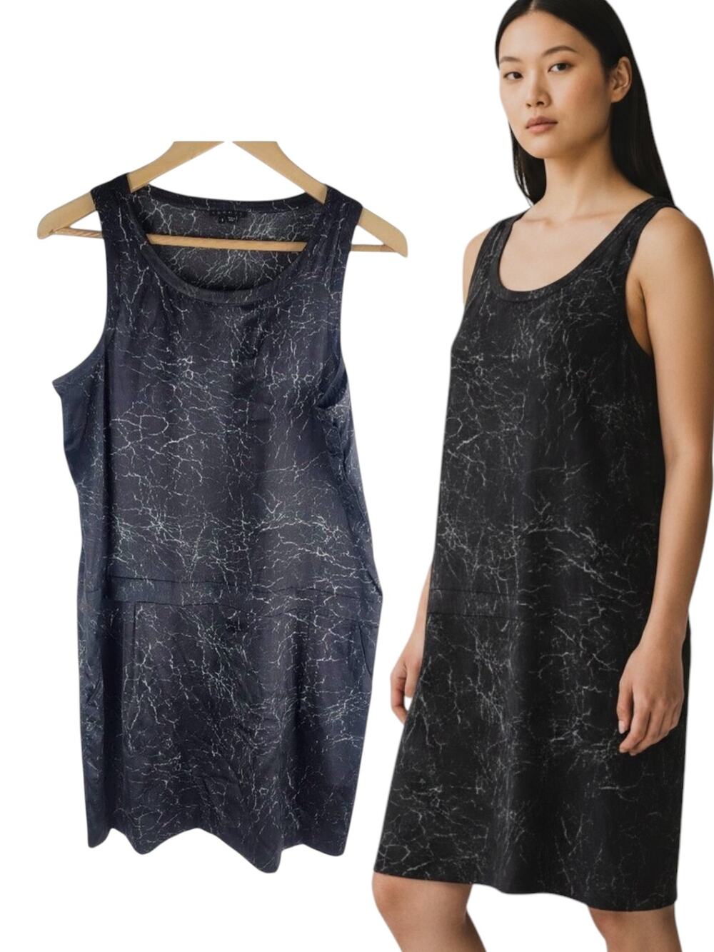 Theory Shaima Cracked Leather Print Dress Silk Sleeveless Black Size 10